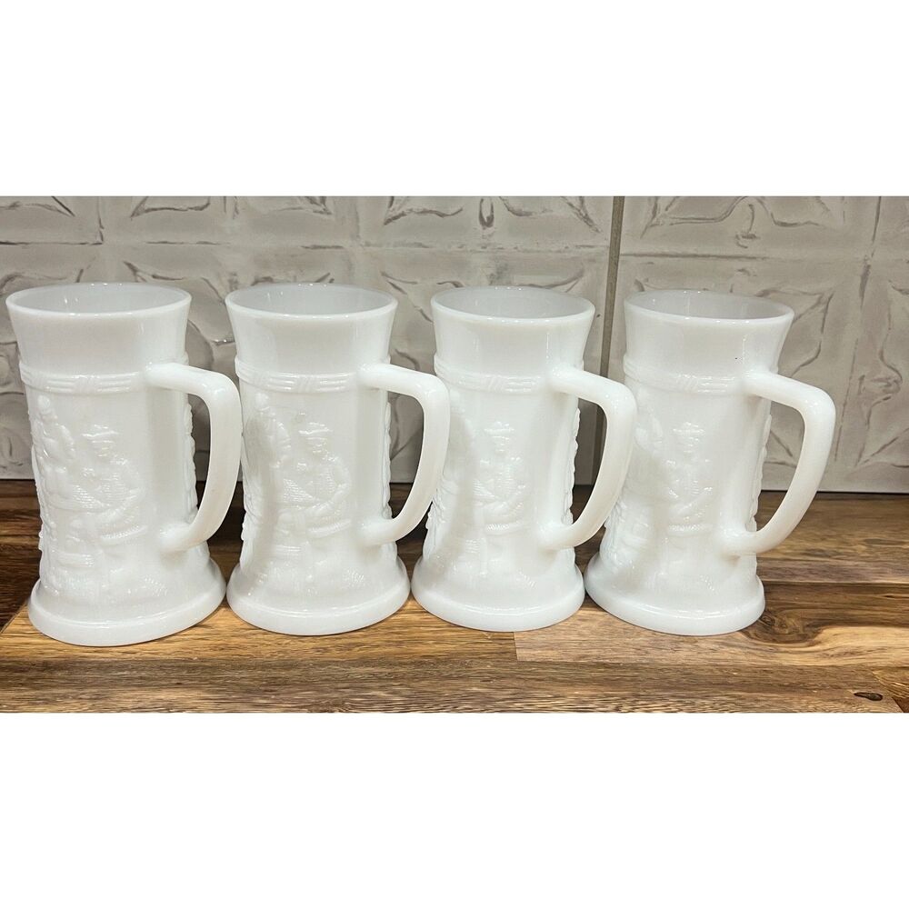 Vintage Federal Milk Glass Beer Stein Mug Set of 4 Tavern Scene 10 oz Embossed